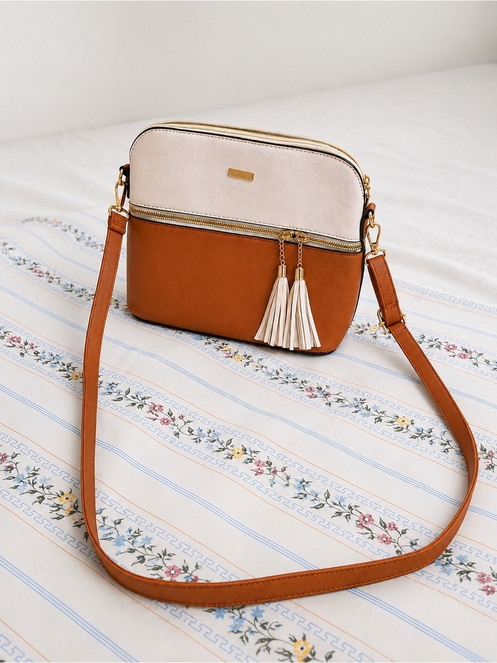 Tan and Cream Tassel Crossbody Bag